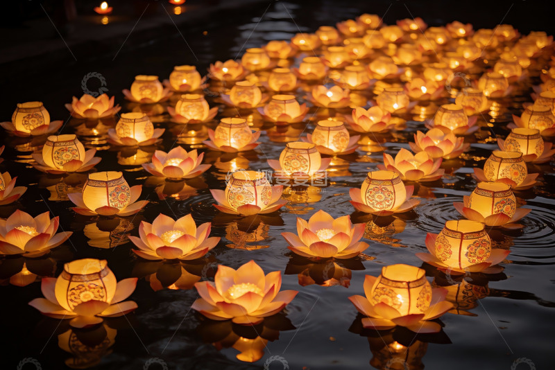 高清大图下载【趣麦麦图】夜色中莲花灯漂浮水面