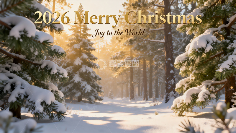 高清大图下载【趣麦麦图】雪覆松林圣诞祝福图