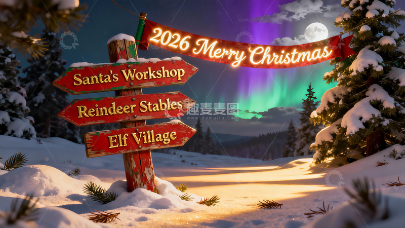 高清大图下载【趣麦麦图】雪夜圣诞路标指引梦幻场景