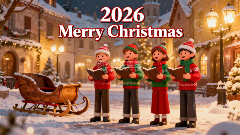 高清大图下载【趣麦麦图】圣诞雪景四人合唱温馨场景