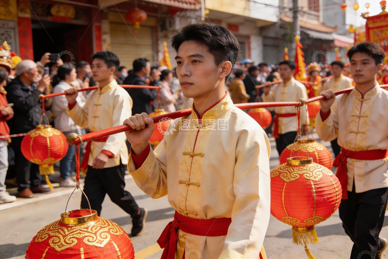 高清大图下载【趣麦麦图】青年身着传统服饰抬红灯笼游行