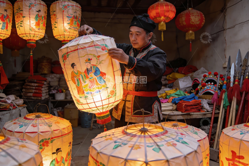 高清大图下载【趣麦麦图】男子制作传统彩绘灯笼场景