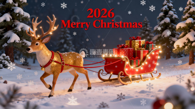 高清大图下载【趣麦麦图】圣诞驯鹿拉雪橇雪景