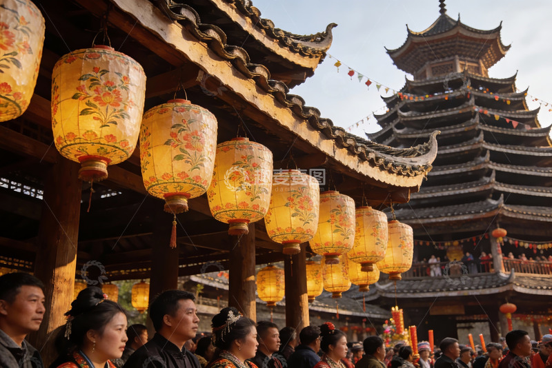 高清大图下载【趣麦麦图】古建筑前挂灯笼人群聚集