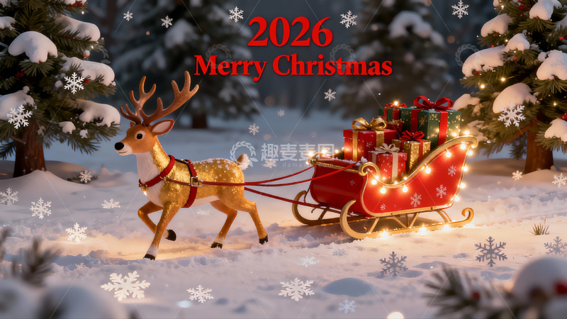 高清大图下载【趣麦麦图】雪地驯鹿拉雪橇圣诞场景