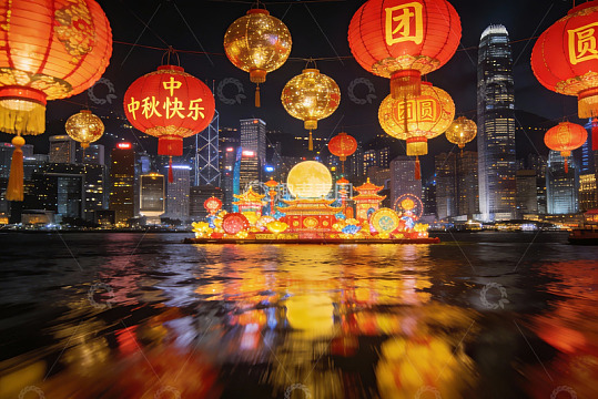 中秋夜景城市灯笼与花灯
