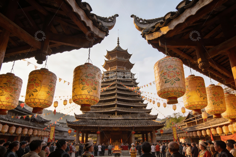 高清大图下载【趣麦麦图】古建筑前挂灯笼人群聚集