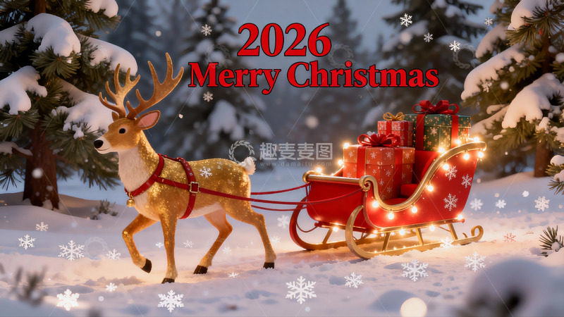 高清大图下载【趣麦麦图】雪地驯鹿拉雪橇圣诞场景