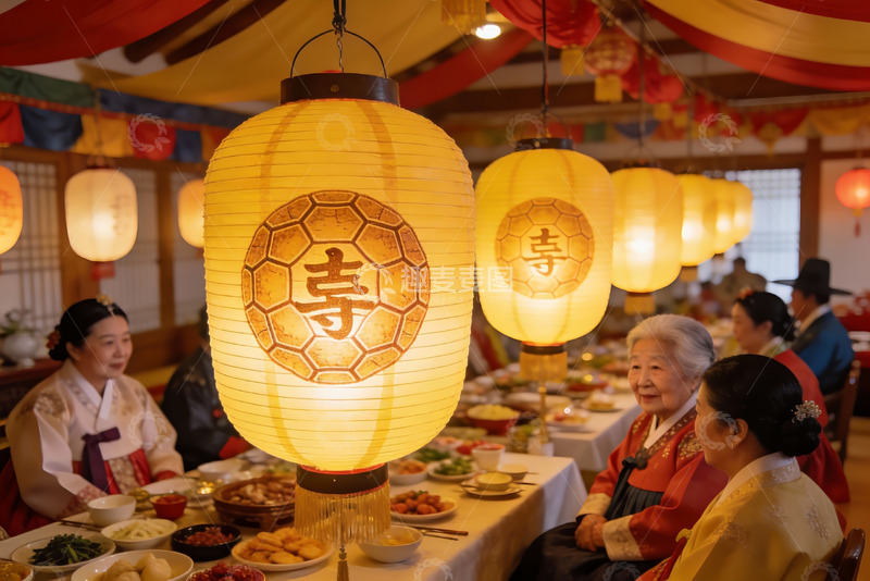 高清大图下载【趣麦麦图】传统服饰聚餐场景灯笼高挂