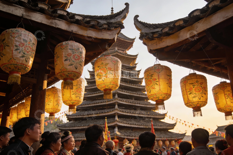 高清大图下载【趣麦麦图】古建筑前挂灯笼人群聚集