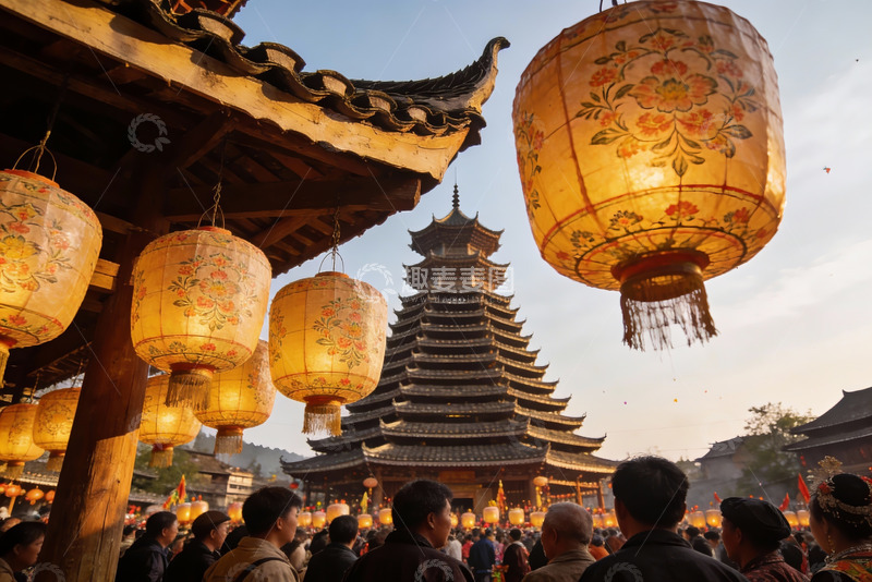 高清大图下载【趣麦麦图】古塔前灯笼高挂人群熙攘