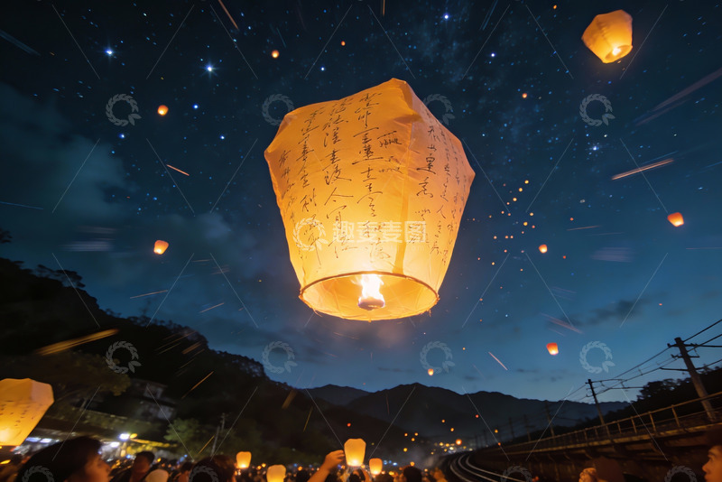 高清大图下载【趣麦麦图】夜空孔明灯祈福盛景