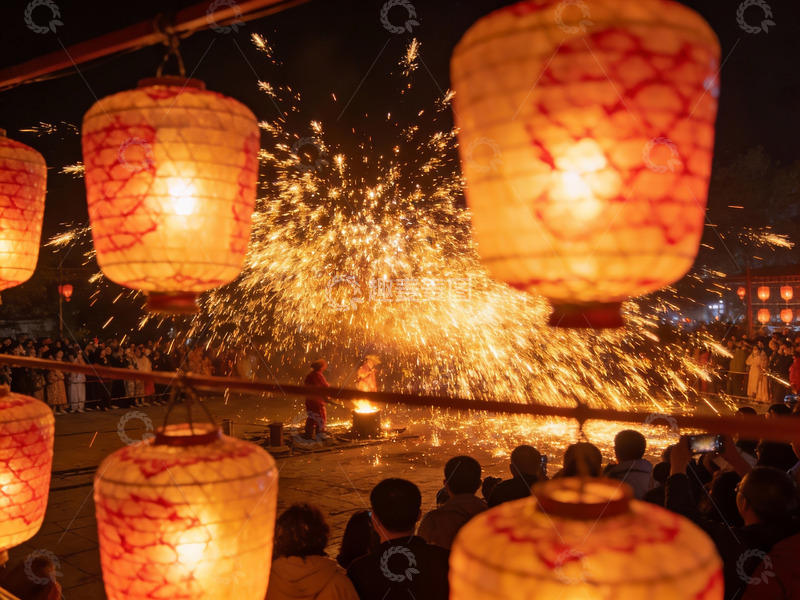 高清大图下载【趣麦麦图】夜市烟花表演灯笼高挂