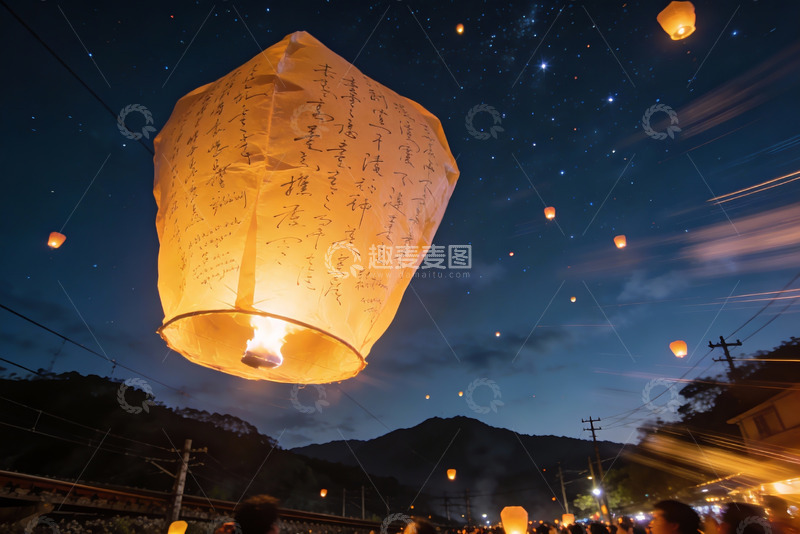 高清大图下载【趣麦麦图】夜空孔明灯祈福