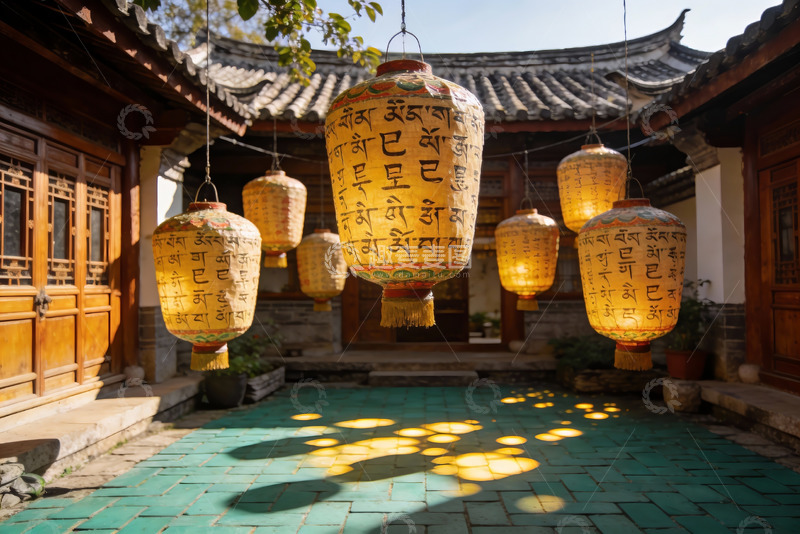 高清大图下载【趣麦麦图】古院灯笼光影庭院