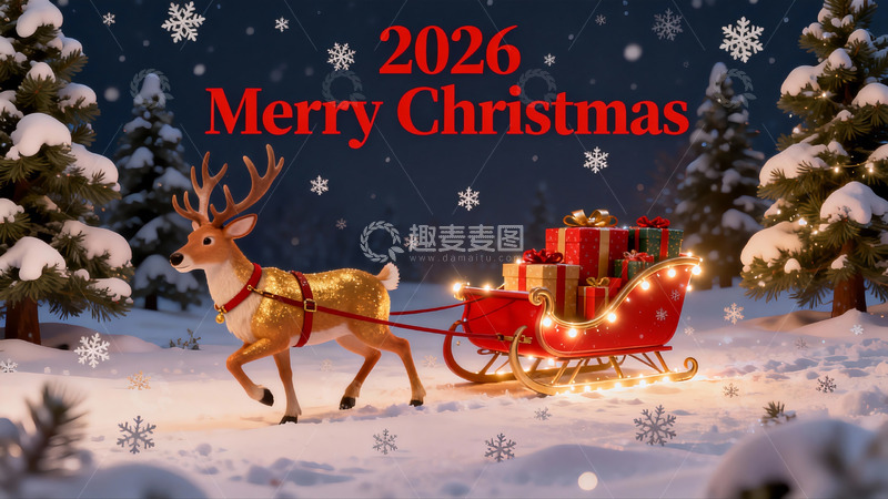 高清大图下载【趣麦麦图】雪夜圣诞鹿拉雪橇送礼物