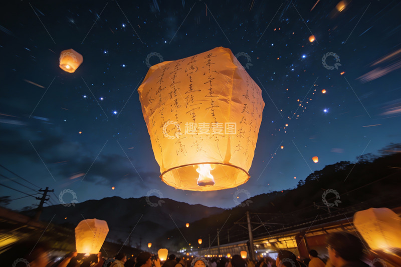 高清大图下载【趣麦麦图】夜空孔明灯祈福场景