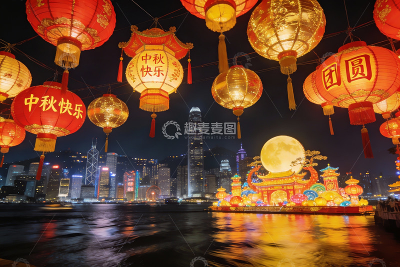 高清大图下载【趣麦麦图】中秋夜景灯笼高挂城市璀璨