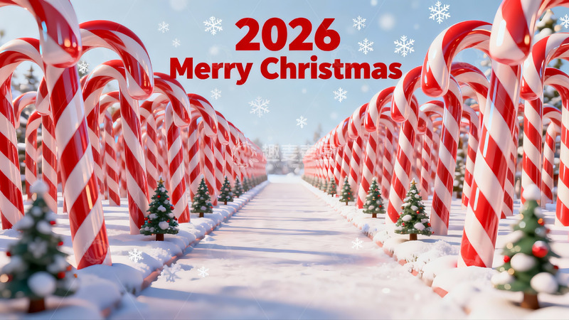 高清大图下载【趣麦麦图】2026圣诞糖果拐杖林雪景