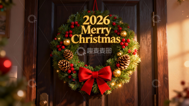 高清大图下载【趣麦麦图】圣诞花环挂门上节日氛围浓
