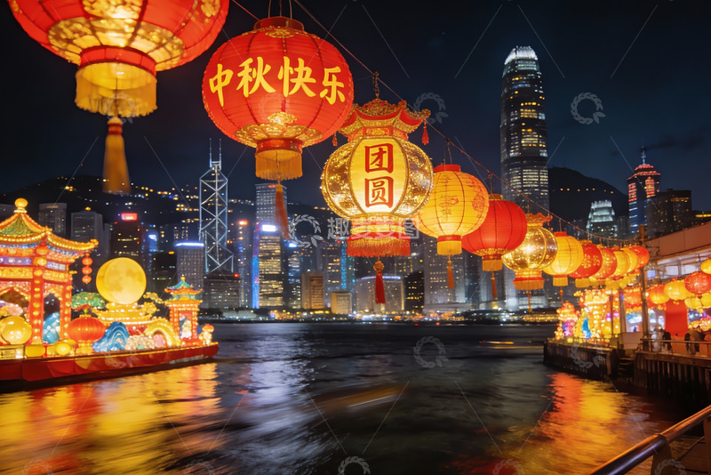 高清大图下载【趣麦麦图】中秋夜港湾灯笼璀璨