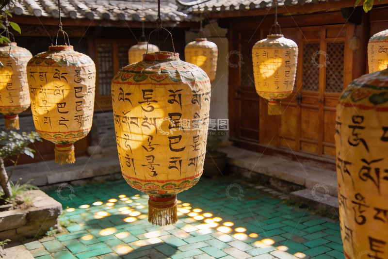 高清大图下载【趣麦麦图】古院悬挂彩灯光影交错