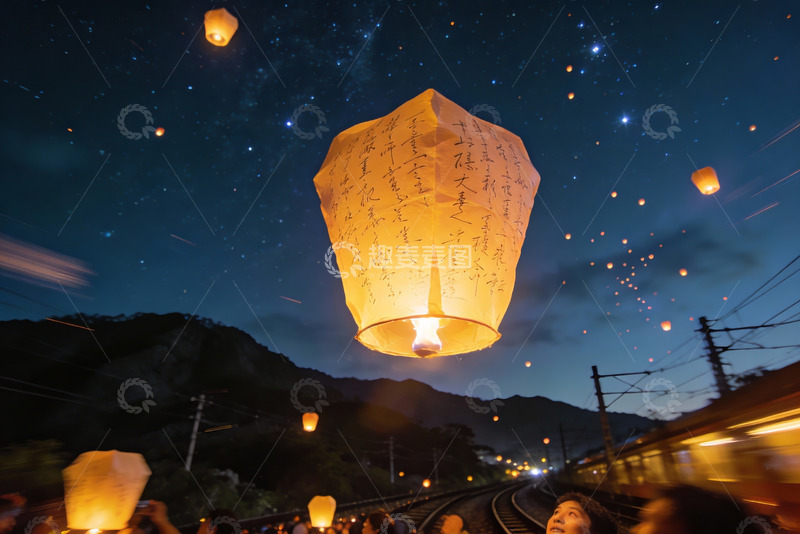高清大图下载【趣麦麦图】夜空孔明灯祈福
