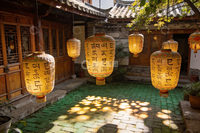 高清大图下载【趣麦麦图】古院灯笼光影交错