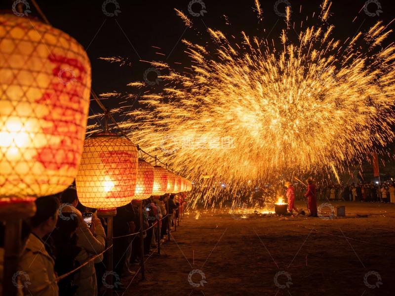 高清大图下载【趣麦麦图】夜空烟花璀璨人群观赏灯笼高挂
