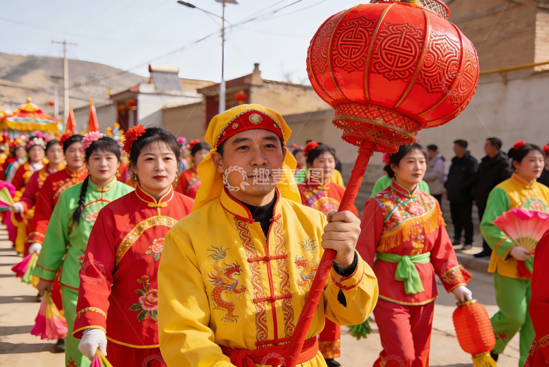 高清大图下载【趣麦麦图】身着传统服饰人群手持红灯笼游行