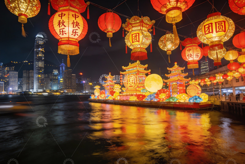 高清大图下载【趣麦麦图】中秋夜景彩灯璀璨城市河畔