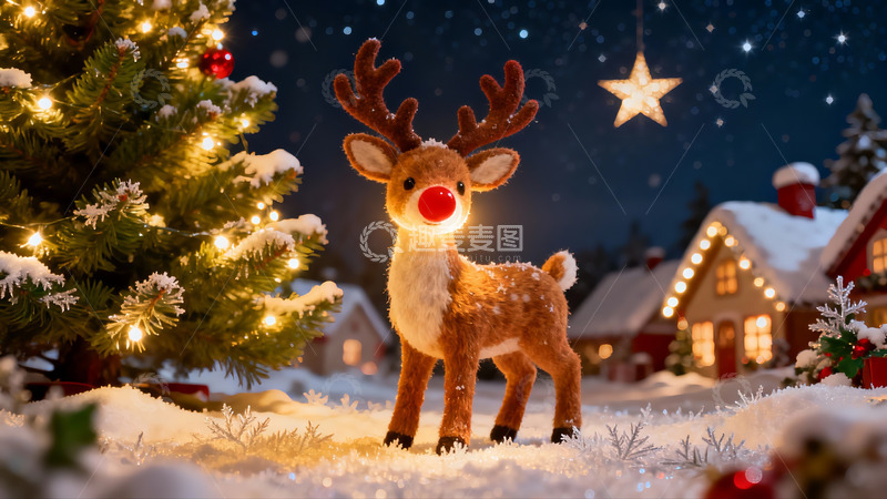 高清大图下载【趣麦麦图】雪夜圣诞驯鹿与彩灯