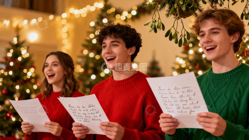 高清大图下载【趣麦麦图】圣诞派对三人合唱手持歌谱
