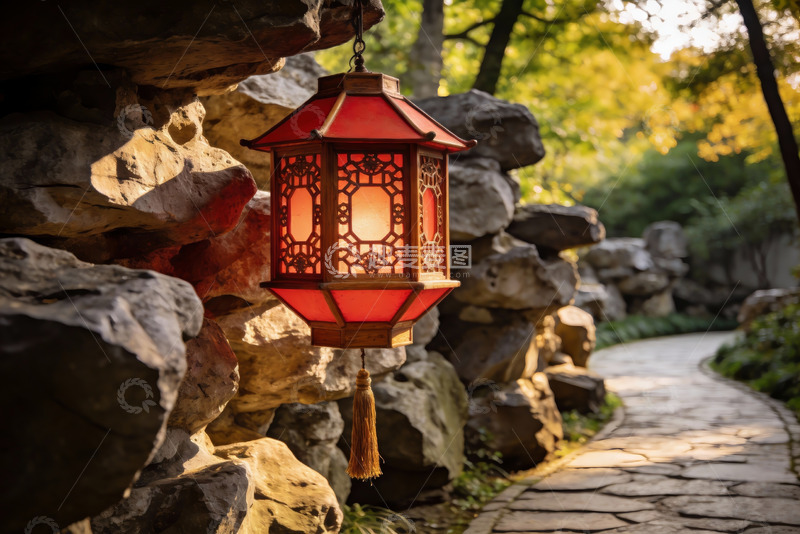 高清大图下载【趣麦麦图】古风灯笼映石径