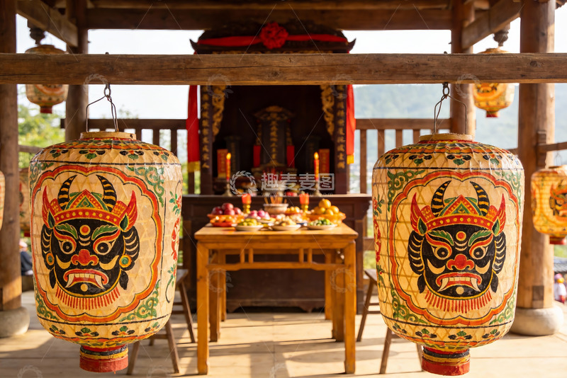 高清大图下载【趣麦麦图】传统节日祭坛与彩绘灯笼
