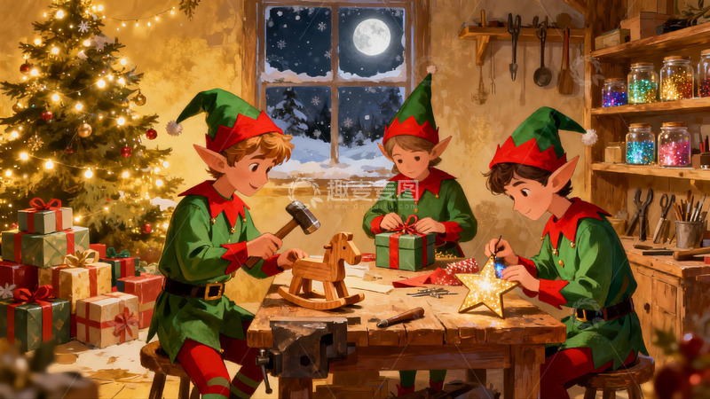 高清大图下载【趣麦麦图】精灵制作圣诞礼物温馨场景