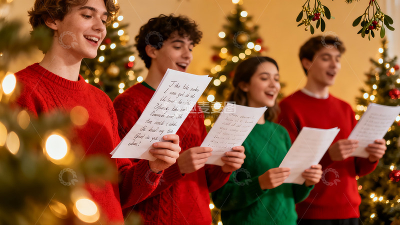 高清大图下载【趣麦麦图】圣诞树前四人合唱欢乐场景