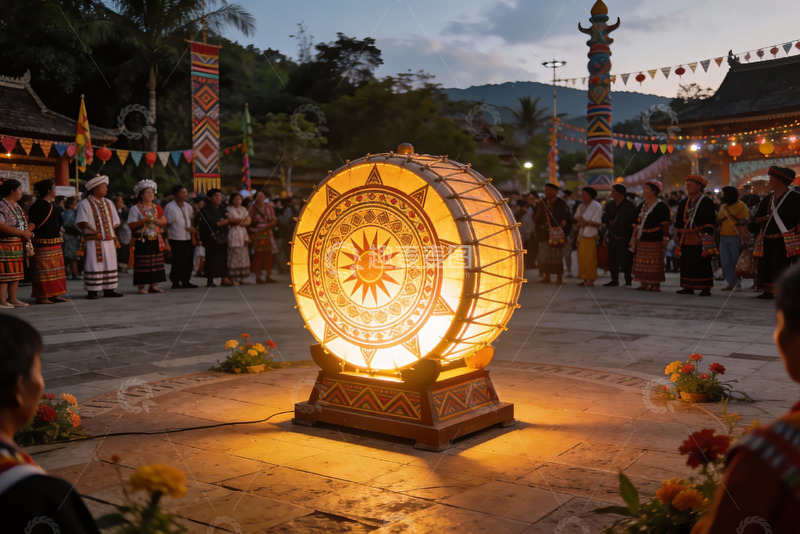 高清大图下载【趣麦麦图】夜晚灯光节庆现场人群围观大鼓