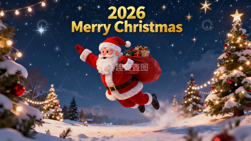 高清大图下载【趣麦麦图】圣诞老人雪夜飞行送礼