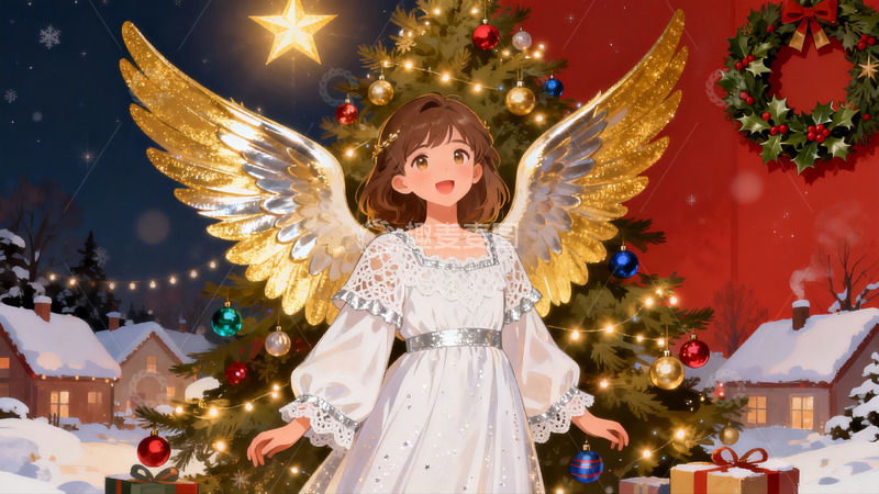 高清大图下载【趣麦麦图】圣诞天使雪夜温馨场景