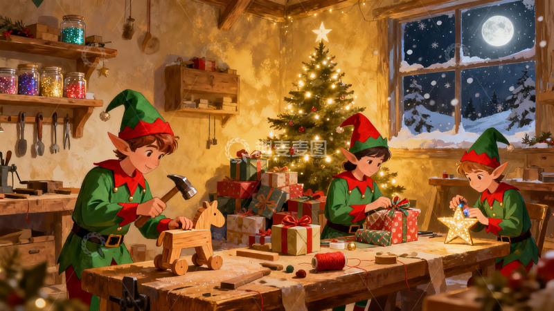 高清大图下载【趣麦麦图】精灵圣诞夜制礼包装星