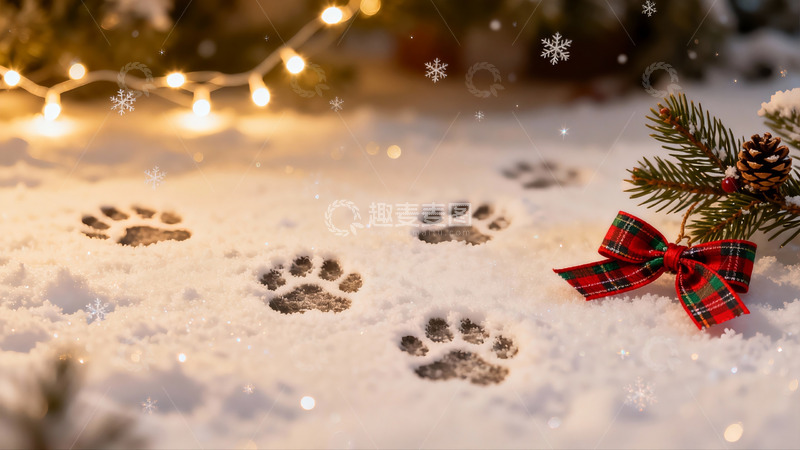 高清大图下载【趣麦麦图】雪地爪印圣诞装饰温馨场景