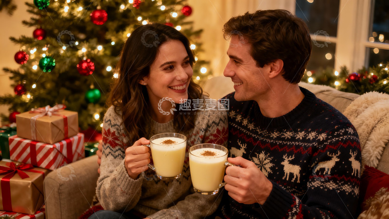 高清大图下载【趣麦麦图】圣诞树前情侣举杯欢庆