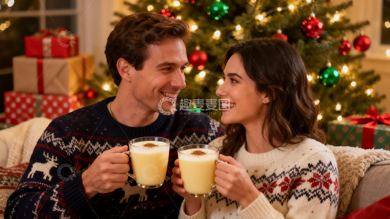 高清大图下载【趣麦麦图】圣诞树前情侣举杯欢庆