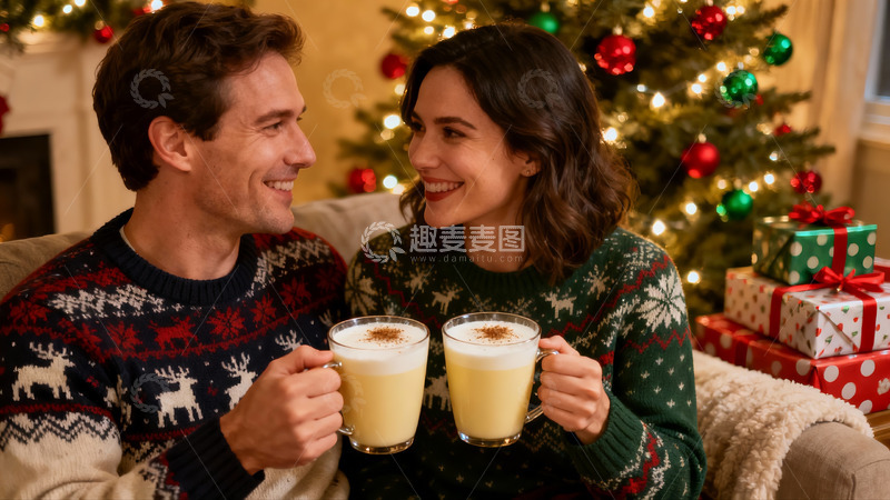 高清大图下载【趣麦麦图】圣诞情侣举杯欢庆