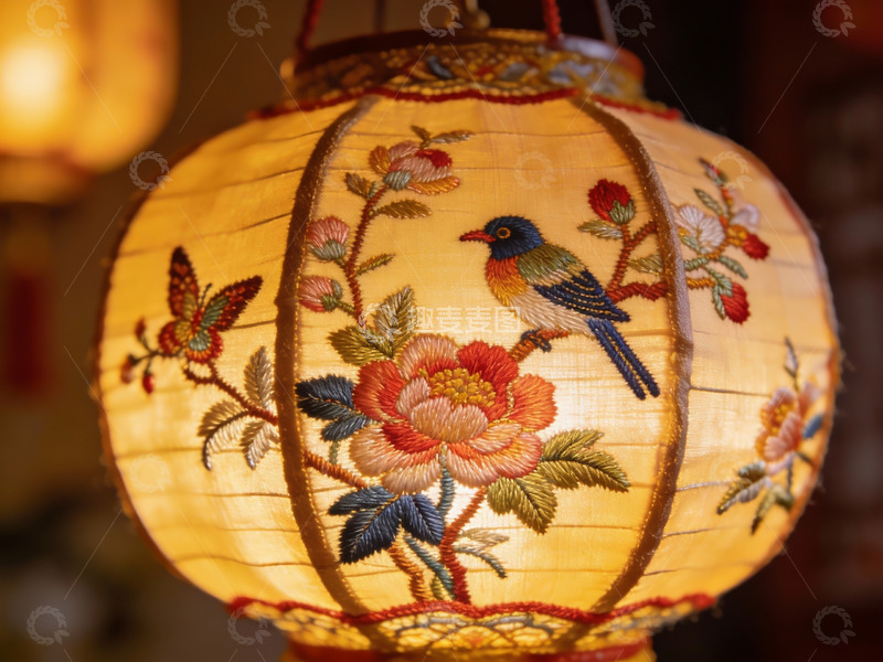 高清大图下载【趣麦麦图】精美刺绣花鸟图案灯笼特写