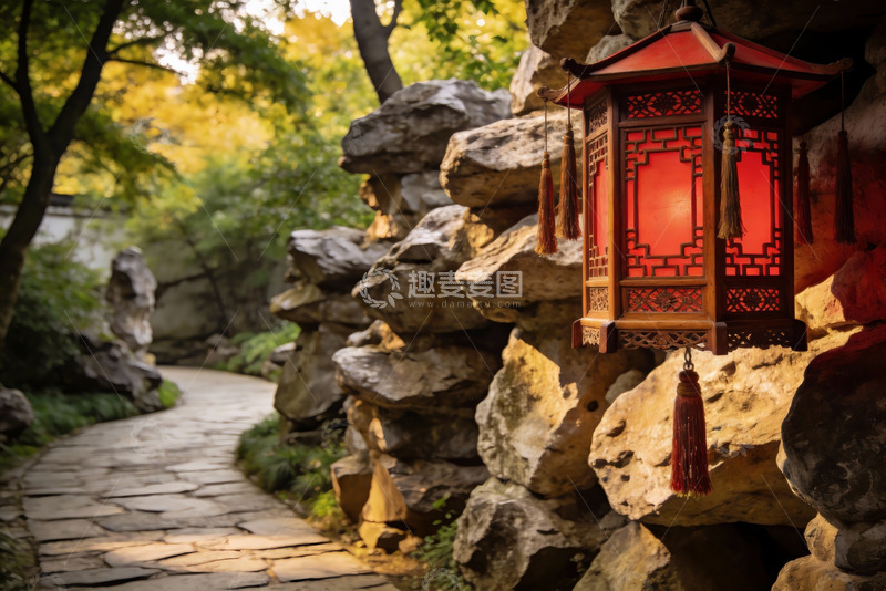 高清大图下载【趣麦麦图】古色古香灯笼映衬石径小路