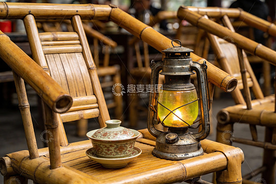 竹椅上的古灯与茶具