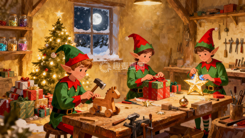 高清大图下载【趣麦麦图】圣诞精灵制作礼物温馨场景