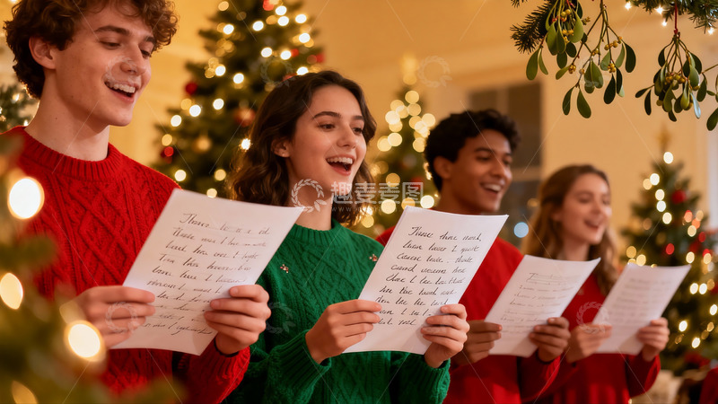 高清大图下载【趣麦麦图】圣诞派对四人合唱欢乐场景